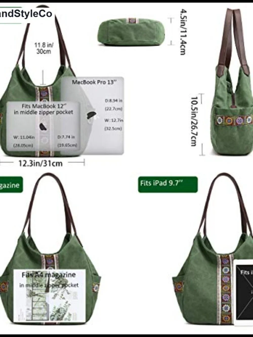Canvas Hobo Purse Multi Pocket Tote Shoulder Bag Embroidery Ethnic